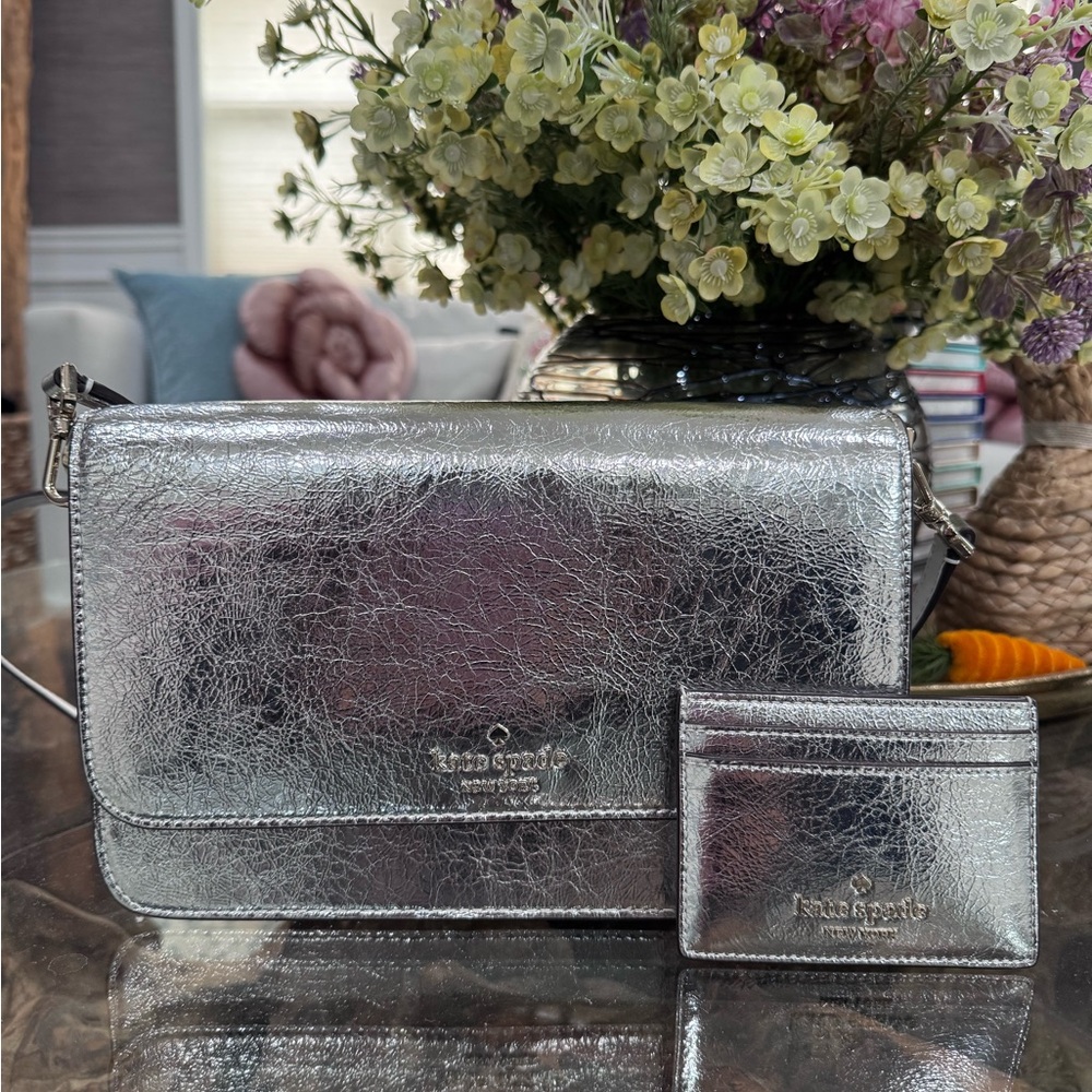 kate spade silver metallic crossbody with matching cardholder